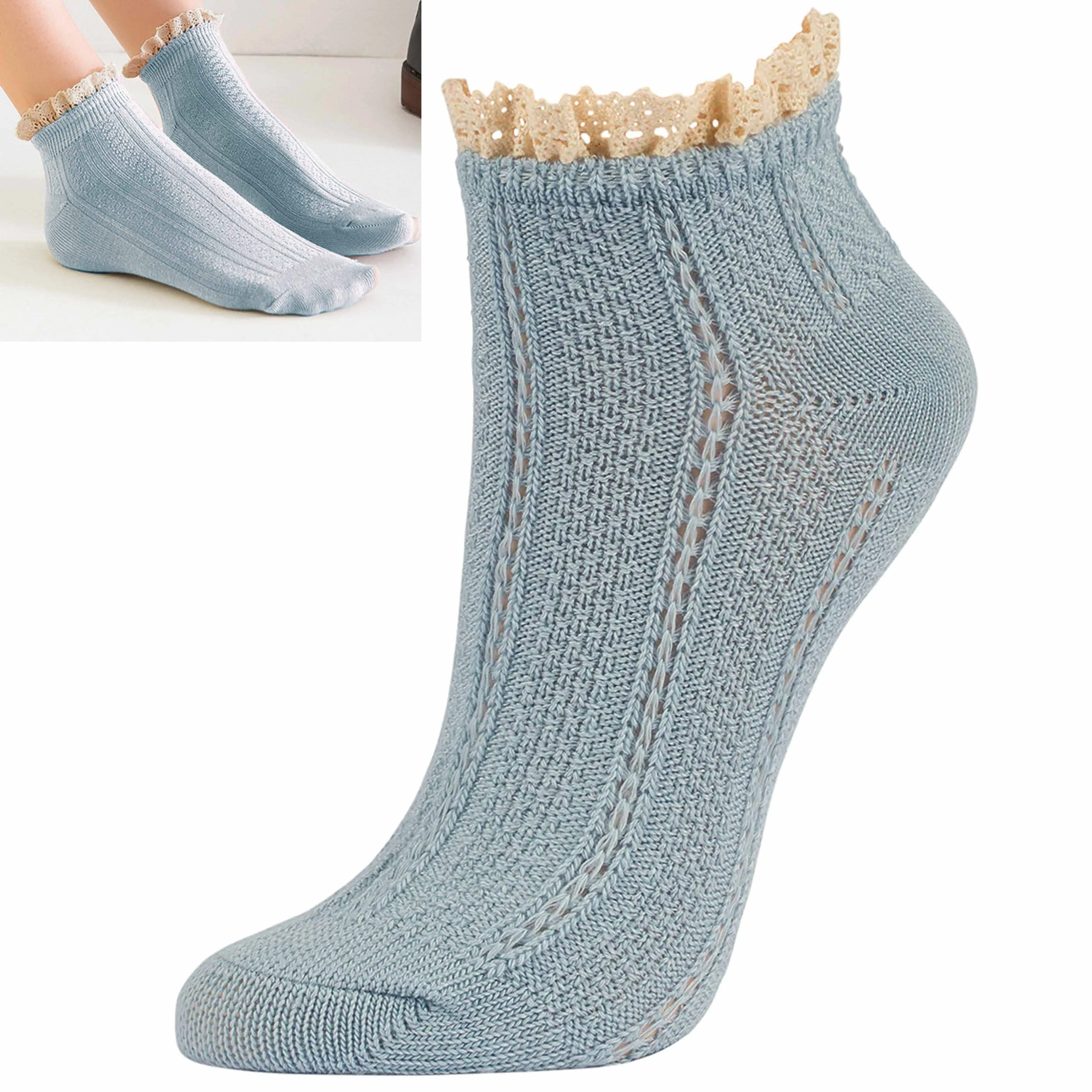 8 Pair Fashion Women Ankle Socks Ruffle Fancy Lace Princess Frilly Blue 9-11