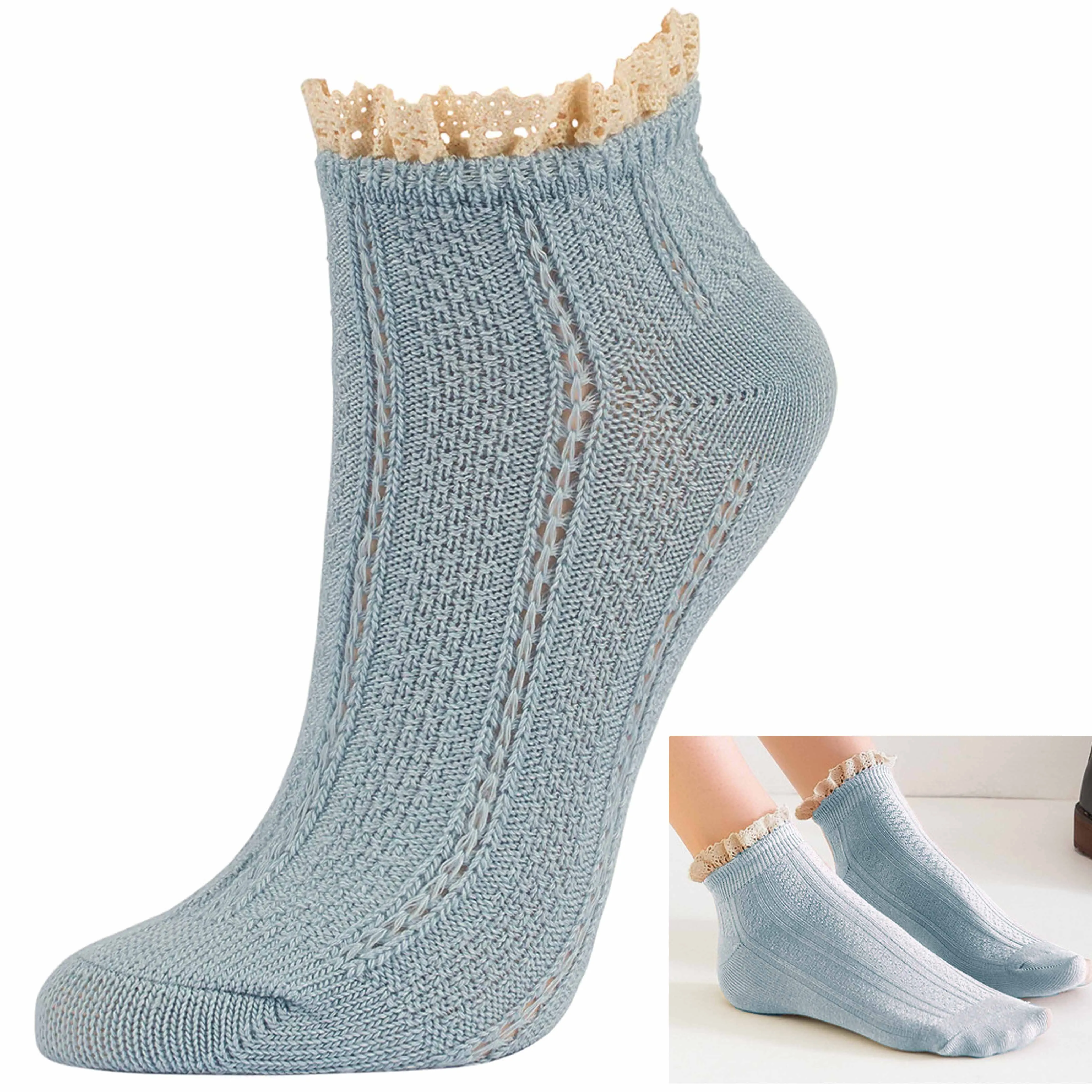 8 Pair Fashion Women Ankle Socks Ruffle Fancy Lace Princess Frilly Blue 9-11