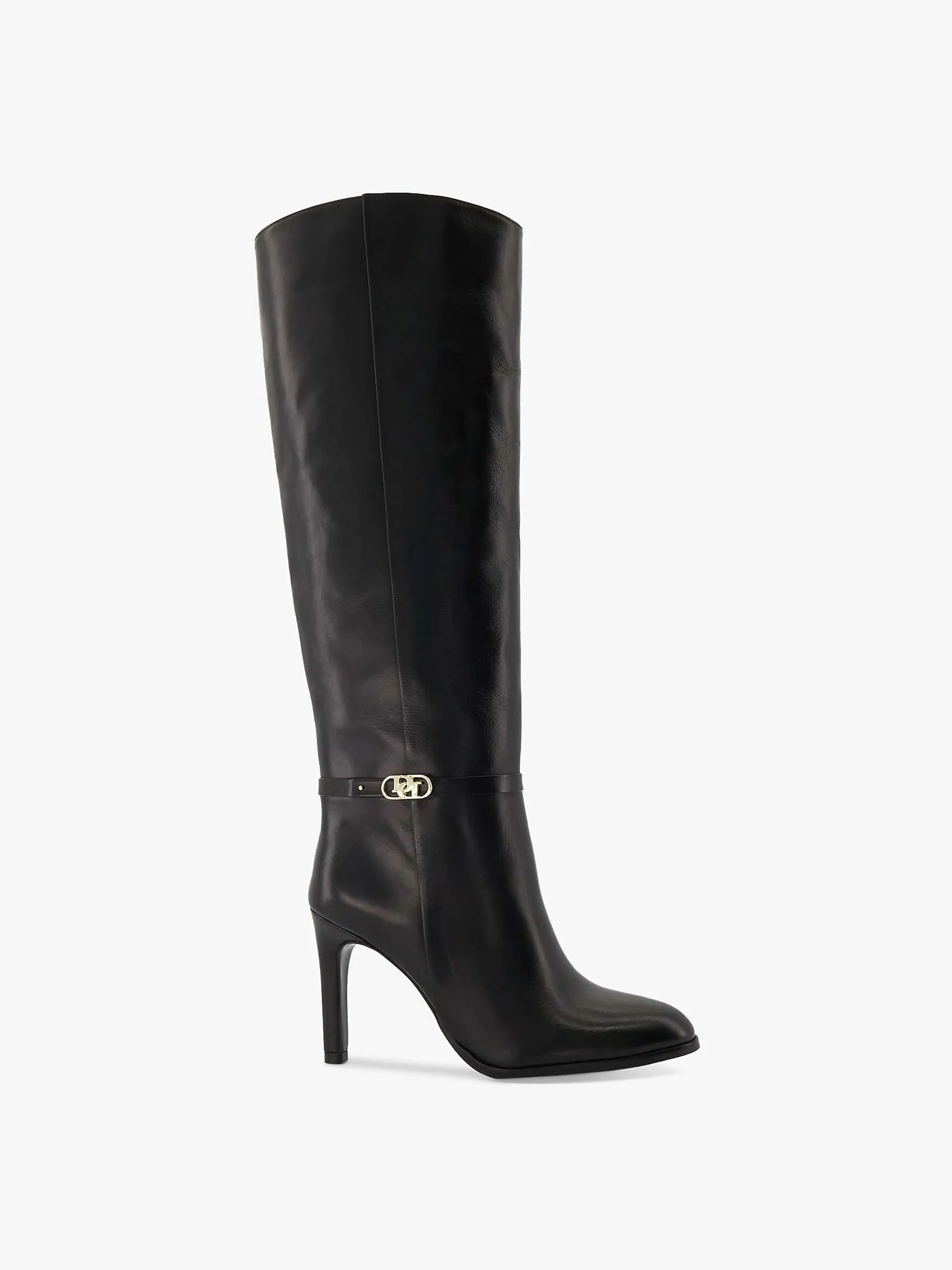 Black leather stiletto knee-high boots
