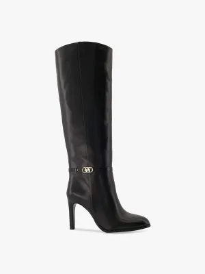Black leather stiletto knee-high boots
