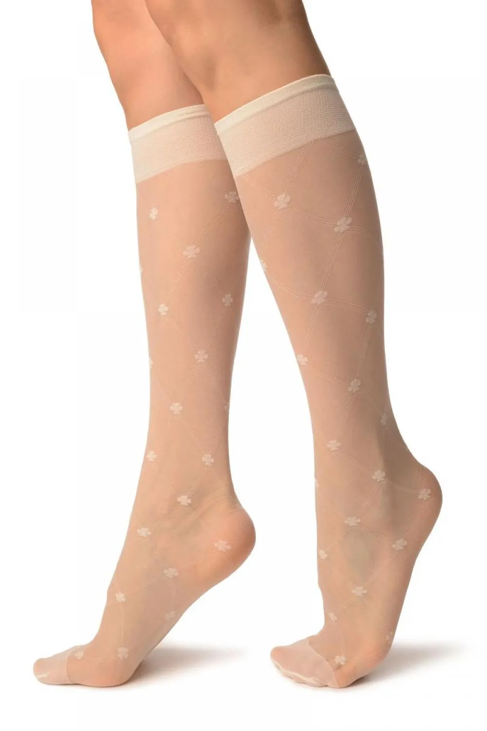 Cream With Woven Mesh & Clover Socks Knee High