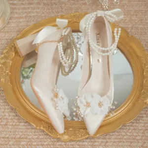 Hnzxzm Elegant Flowers High Heels Pumps Women 2024 New Pearl Ankle Strap Wedding Shoes Woman String Bead Small Square Heel Bridal Shoes