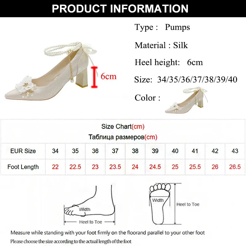 Hnzxzm Elegant Flowers High Heels Pumps Women 2024 New Pearl Ankle Strap Wedding Shoes Woman String Bead Small Square Heel Bridal Shoes