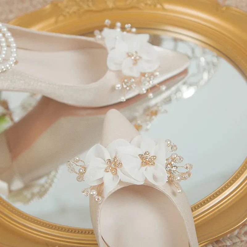 Hnzxzm Elegant Flowers High Heels Pumps Women 2024 New Pearl Ankle Strap Wedding Shoes Woman String Bead Small Square Heel Bridal Shoes