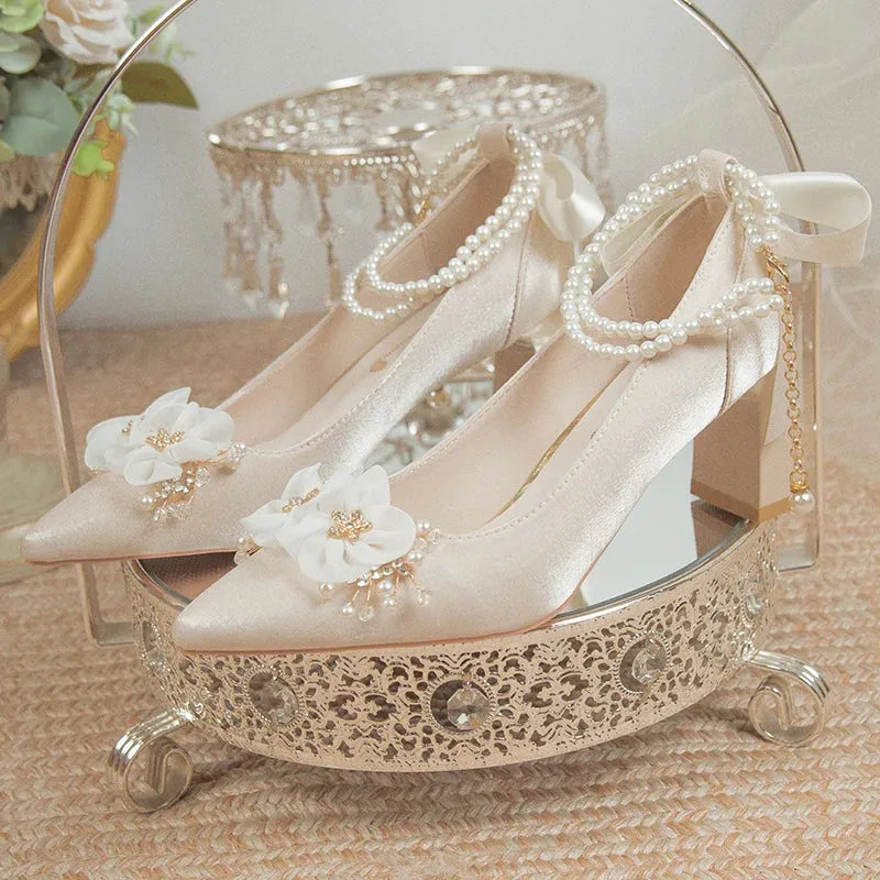 Hnzxzm Elegant Flowers High Heels Pumps Women 2024 New Pearl Ankle Strap Wedding Shoes Woman String Bead Small Square Heel Bridal Shoes