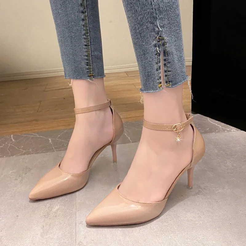 Hnzxzm Elegant Thin Heel Pumps Women New Ankle Strap Crystal High Heels Shoes Woman Pointed Toe Patent Leather Office Shoes