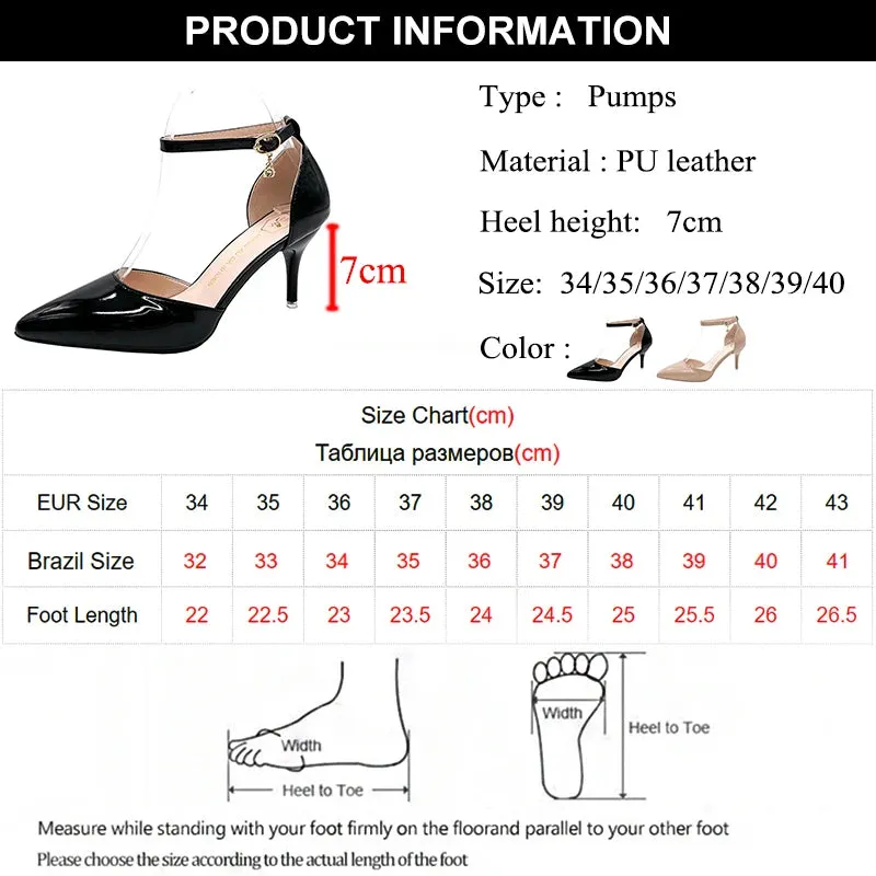 Hnzxzm Elegant Thin Heel Pumps Women New Ankle Strap Crystal High Heels Shoes Woman Pointed Toe Patent Leather Office Shoes
