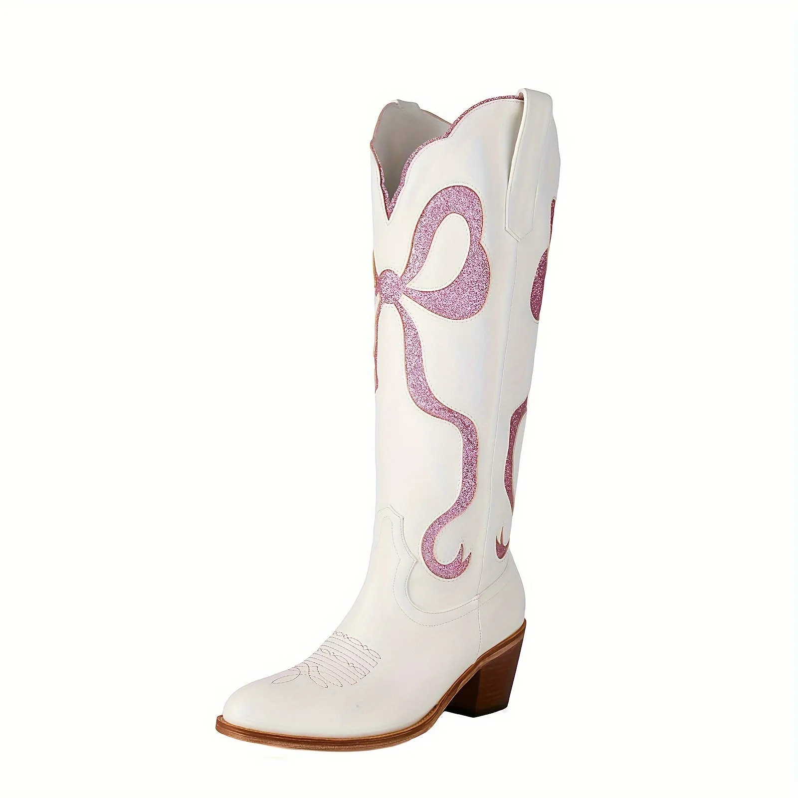 Knee High Chunky Heel White Cowgirl Boots with Pink Glitter Bow