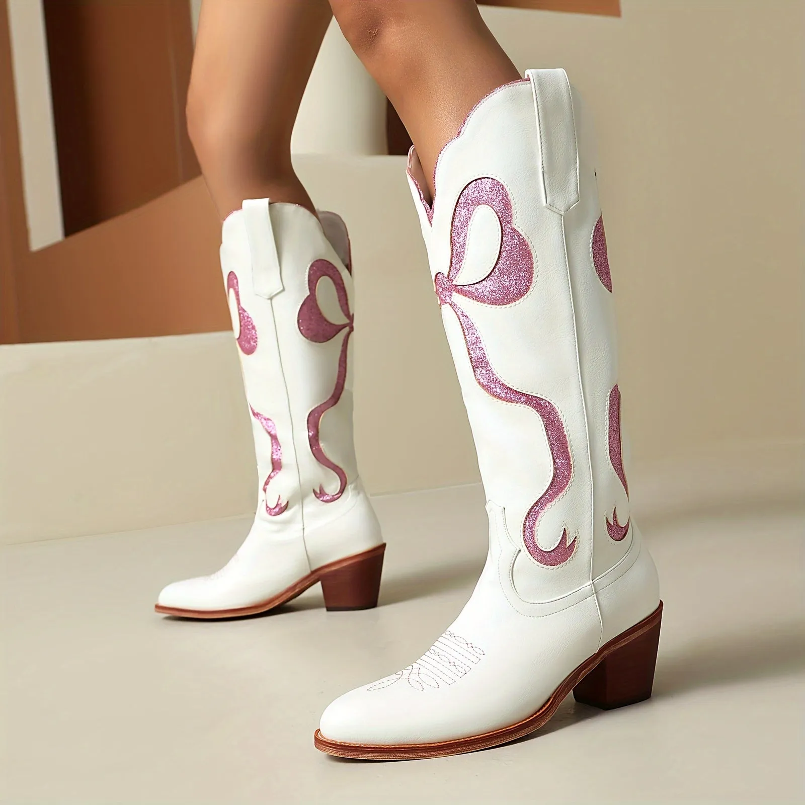 Knee High Chunky Heel White Cowgirl Boots with Pink Glitter Bow