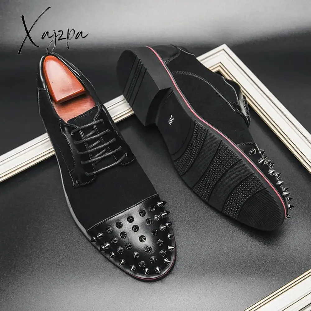 Xajzpa - Men Shoes Punk Rivet Black Lace-up Breathable Casual Fashion Handmade Shoes for Men Dress Shoes
