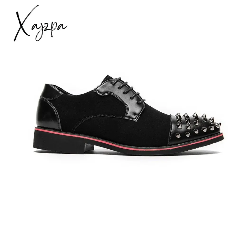 Xajzpa - Men Shoes Punk Rivet Black Lace-up Breathable Casual Fashion Handmade Shoes for Men Dress Shoes